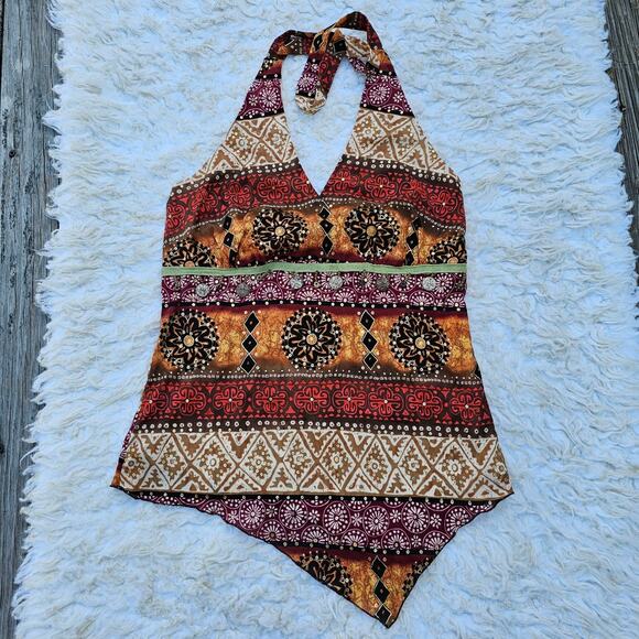 Gauze Halter Top Size M Dressbarn Beaded V-Neck Tank Orange Brown Stripe Print - Picture 8 of 8